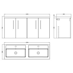 Arno 1200mm Wall Hung 4 Door Vanity Unit with Double Polymarble Basin - Solace Oak - Technical Drawing