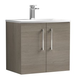 Arno 600mm Wall Hung 2 Door Vanity Unit with Curved Basin - Solace Oak