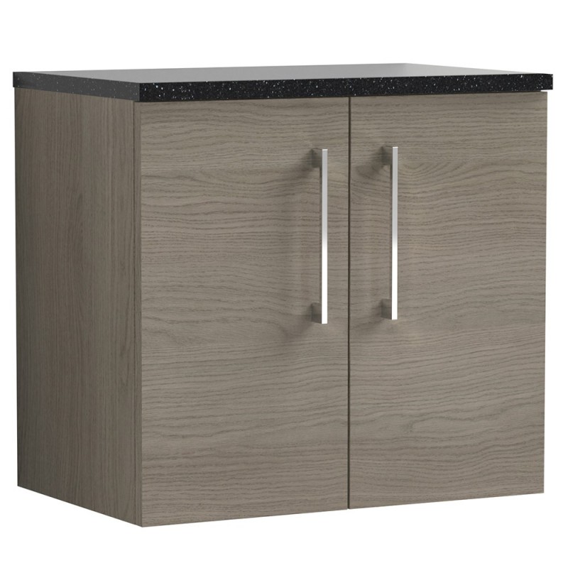Arno 600mm Wall Hung 2 Door Vanity Unit with Laminate Top - Solace Oak Arno 600mm Wall Hung 2 Door Vanity Unit with Laminate Top - Solace Oak