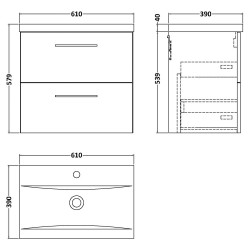 Arno 600mm Wall Hung 2 Drawer Vanity Unit with Mid-Edge Basin - Solace Oak - Technical Drawing