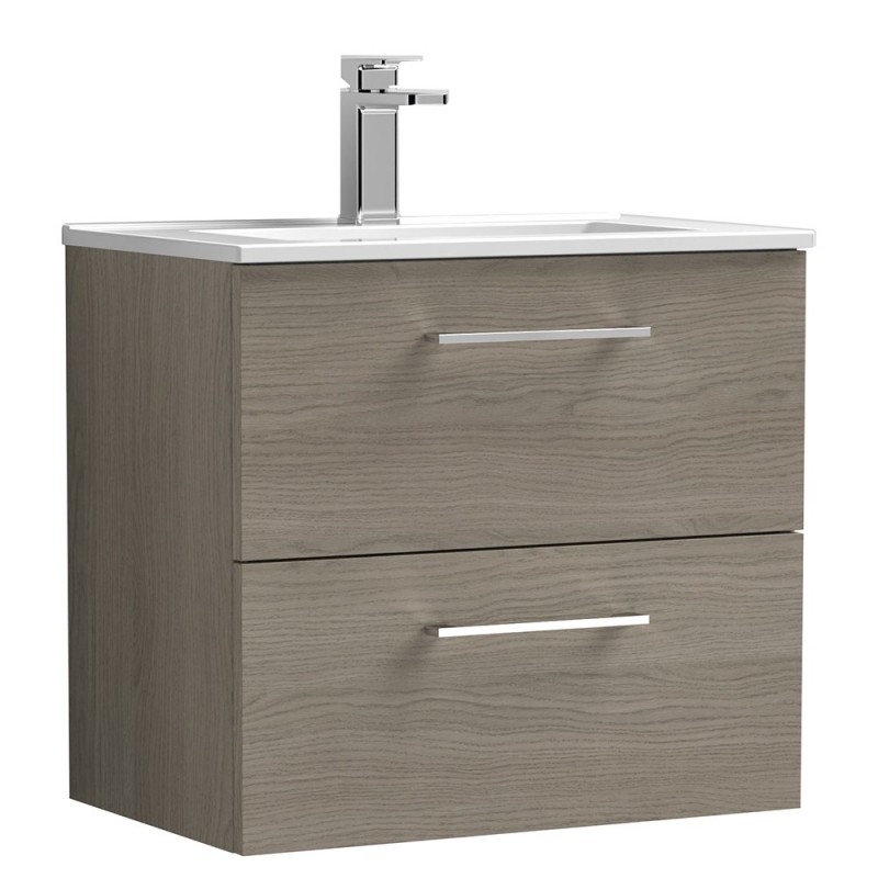 Arno 600mm Wall Hung 2 Drawer Vanity Unit with Minimalist Basin - Solace Oak Arno 600mm Wall Hung 2 Drawer Vanity Unit with Minimalist Basin - Solace Oak