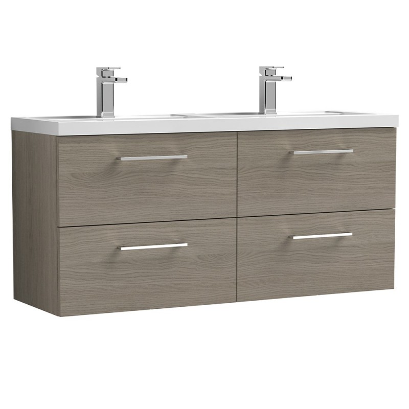 Arno 1200mm Wall Hung 4 Drawer Vanity Unit with Double Polymarble Basin - Solace Oak Arno 1200mm Wall Hung 4 Drawer Vanity Unit with Double Polymarble Basin - Solace Oak