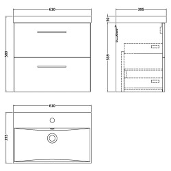 Arno 600mm Wall Hung 2 Drawer Vanity Unit with Thin-Edge Basin - Solace Oak - Technical Drawing