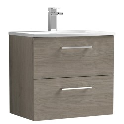 Arno 600mm Wall Hung 2 Drawer Vanity Unit with Curved Basin - Solace Oak