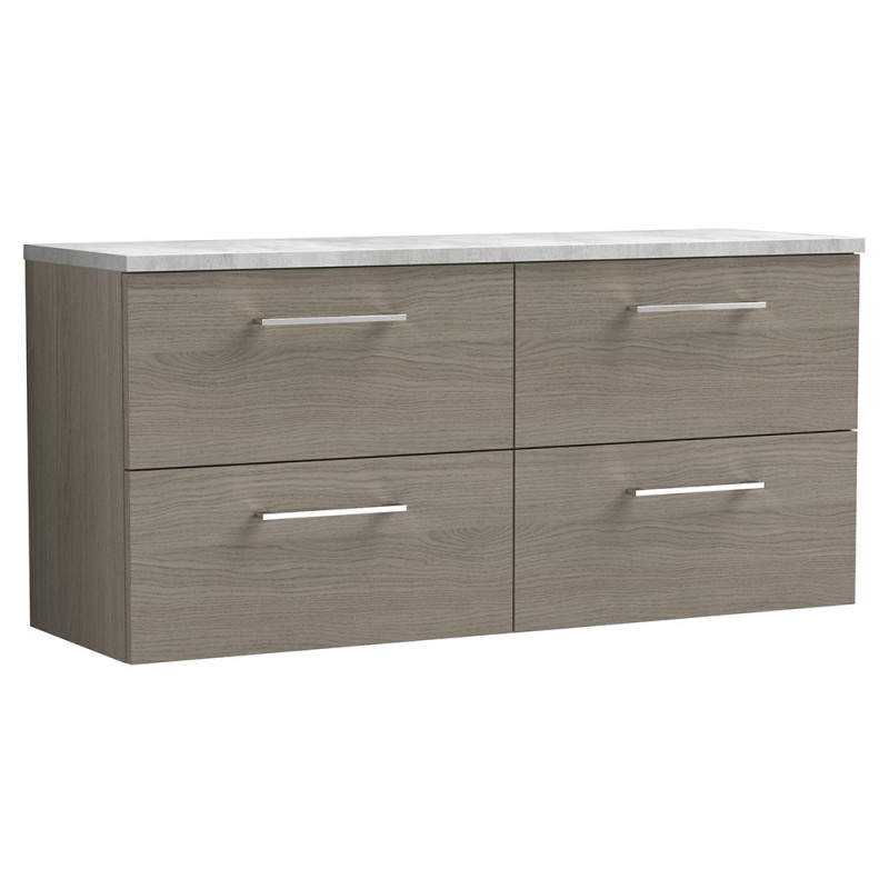 Arno 1200mm Wall Hung 4 Drawer Vanity Unit & Laminate Worktop - Solace Oak/Bellato Grey