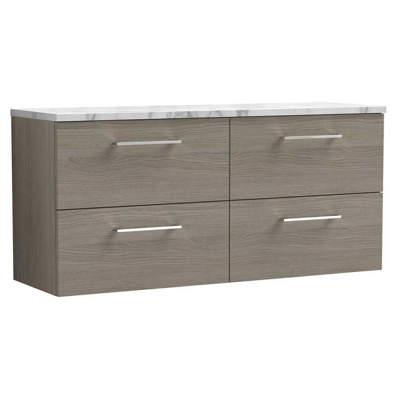 Arno 1200mm Wall Hung 4 Drawer Vanity Unit & Laminate Worktop - Solace Oak/Carrera Marble