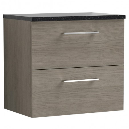 Arno 600mm Wall Hung 2 Drawer Vanity Unit with Laminate Top - Solace Oak