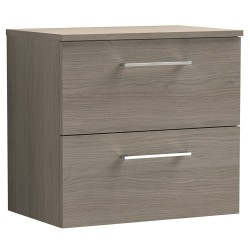 Arno 600mm Wall Hung 2 Drawer Vanity Unit with Worktop - Solace Oak