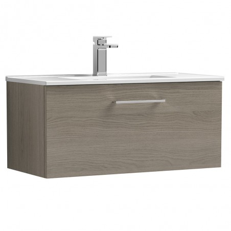 Arno 800mm Wall Hung Single Drawer Vanity Unit with Minimalist Basin - Solace Oak