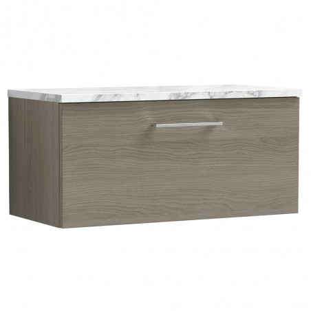 Arno 800mm Wall Hung Single Drawer Vanity Unit & Laminate Worktop - Solace Oak/Carrera Marble