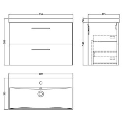 Arno 800mm Wall Hung 2 Drawer Vanity Unit with Thin-Edge Basin - Solace Oak - Technical Drawing