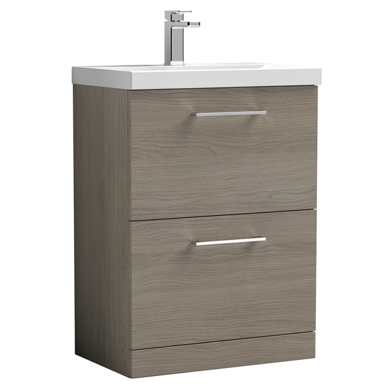 Arno 600mm Freestanding 2 Drawer Vanity Unit with Mid-Edge Basin - Solace Oak Arno 600mm Freestanding 2 Drawer Vanity Unit with Mid-Edge Basin - Solace Oak