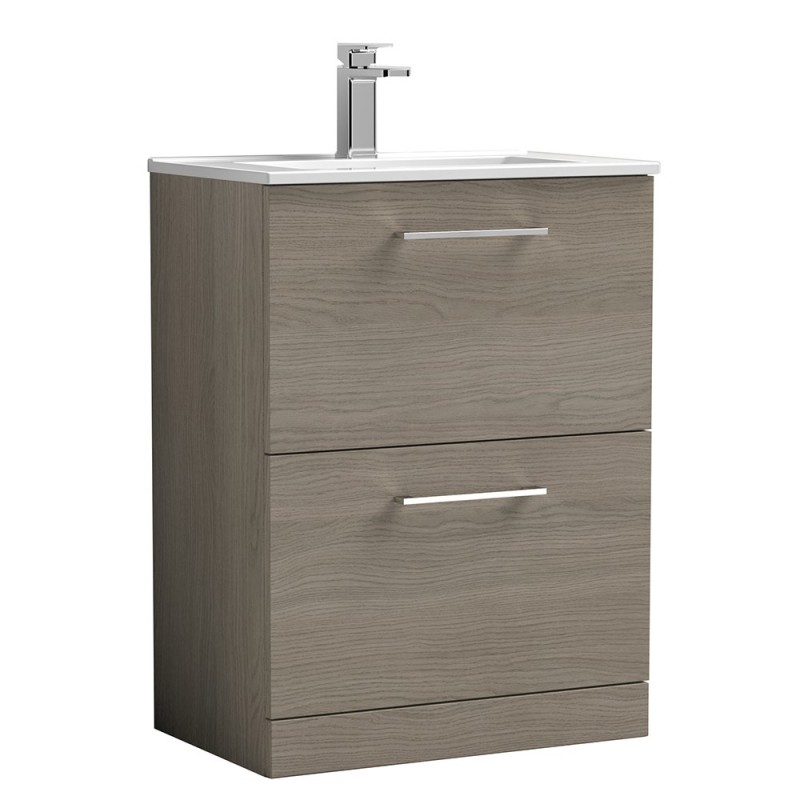 Arno 600mm Freestanding 2 Drawer Vanity Unit with Minimalist Basin - Solace Oak Arno 600mm Freestanding 2 Drawer Vanity Unit with Minimalist Basin - Solace Oak