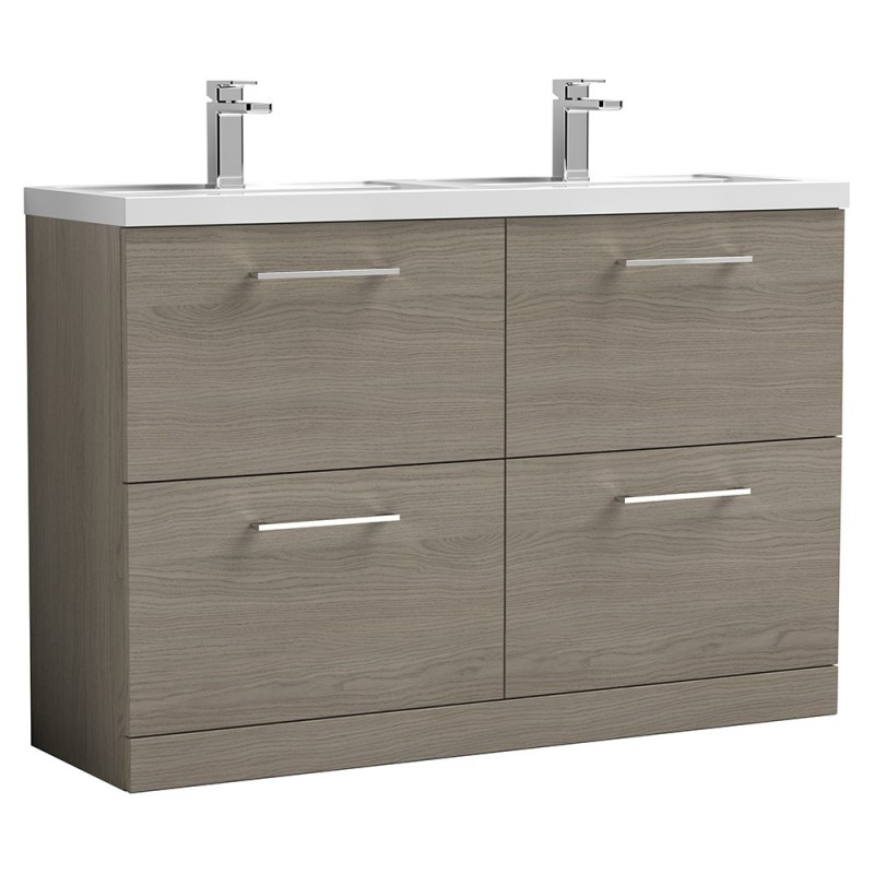 Arno 1200mm Freestanding 4 Drawer Vanity Unit with Double Polymarble Basin - Solace Oak Woodgrain Arno 1200mm Freestanding 4 Drawer Vanity Unit with Double Polymarble Basin - Solace Oak Woodgrain
