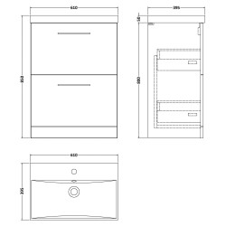 Arno 600mm Freestanding 2 Drawer Vanity Unit with Thin-Edge Basin - Solace Oak - Technical Drawing