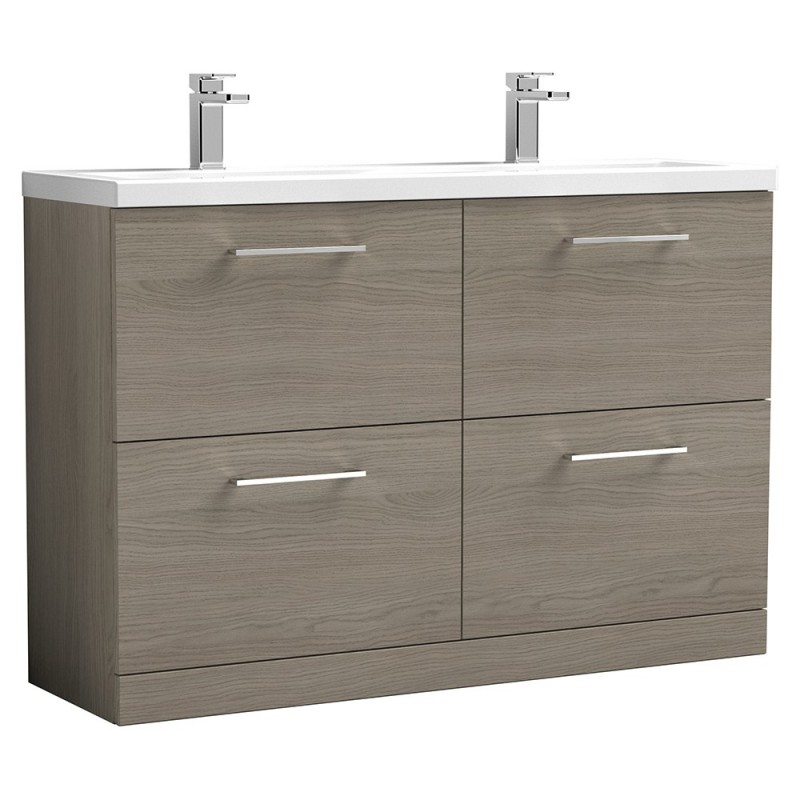 Arno 1200mm Freestanding 4 Drawer Vanity Unit with Double Ceramic Basin - Solace Oak Woodgrain Arno 1200mm Freestanding 4 Drawer Vanity Unit with Double Ceramic Basin - Solace Oak Woodgrain
