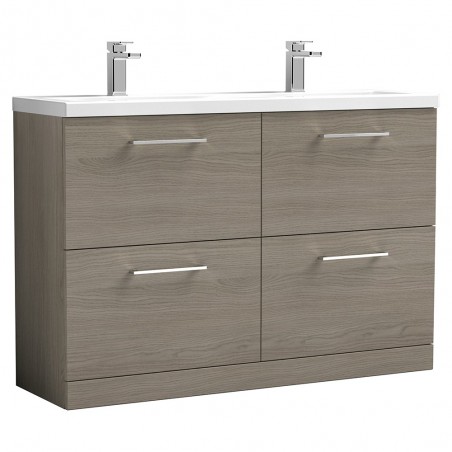 Arno 1200mm Freestanding 4 Drawer Vanity Unit with Double Ceramic Basin - Solace Oak Woodgrain