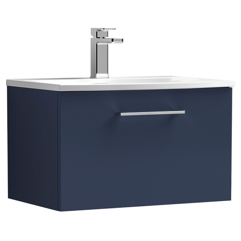 Arno 600mm Wall Hung Single Drawer Vanity Unit & Curved Ceramic Basin - Midnight Blue Arno 600mm Wall Hung Single Drawer Vanity Unit & Curved Ceramic Basin - Midnight Blue