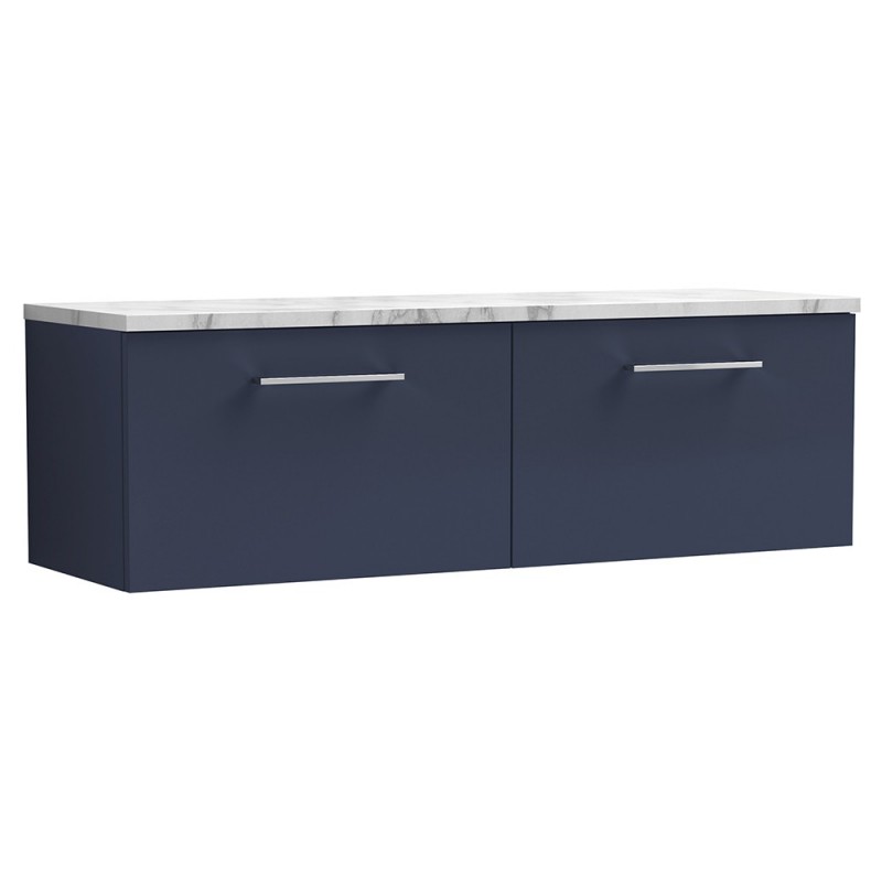 Arno 1200mm Wall Hung 2 Drawer Vanity Unit & Laminate Worktop - Midnight Blue/Carrera Marble Arno 1200mm Wall Hung 2 Drawer Vanity Unit & Laminate Worktop - Midnight Blue/Carrera Marble
