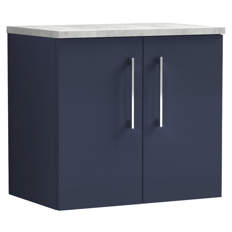 Arno 600mm Wall Hung 2 Door Vanity Unit & Laminate Worktop - Midnight Blue/Bellato Grey Arno 600mm Wall Hung 2 Door Vanity Unit & Laminate Worktop - Midnight Blue/Bellato Grey
