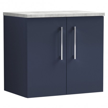 Arno 600mm Wall Hung 2 Door Vanity Unit & Laminate Worktop - Midnight Blue/Bellato Grey