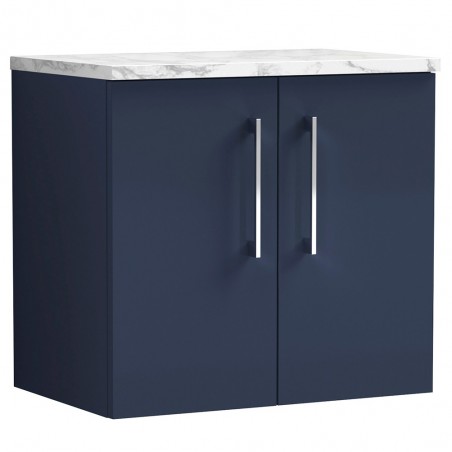 Arno 600mm Wall Hung 2 Door Vanity Unit & Laminate Worktop - Midnight Blue/Carrera Marble