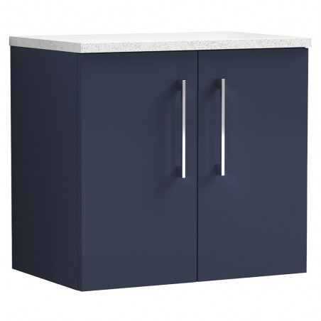 Arno 600mm Wall Hung 2 Door Vanity Unit & Laminate Worktop - Midnight Blue/Sparkle White