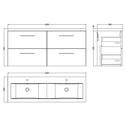 Arno 1200mm Wall Hung 4 Drawer Vanity Unit & Double Ceramic Basin - Midnight Blue - Technical Drawing