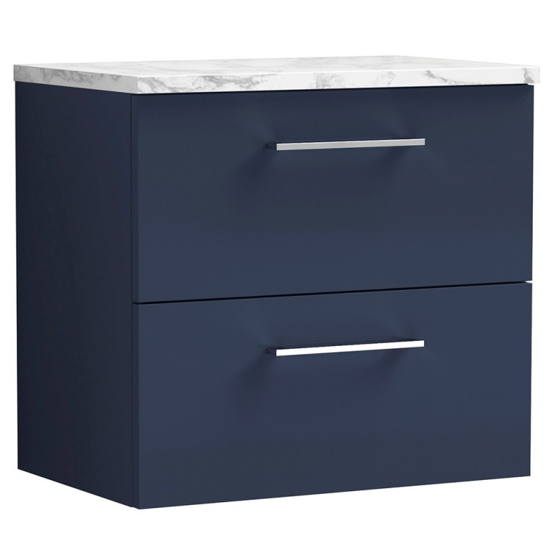 Arno 600mm Wall Hung 2 Drawer Vanity Unit & Laminate Worktop - Midnight Blue/Carrera Marble