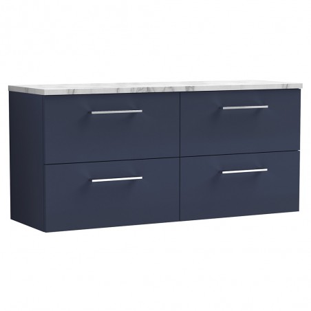 Arno 1200mm Wall Hung 4 Drawer Vanity Unit & Laminate Worktop - Midnight Blue/Carrera Marble