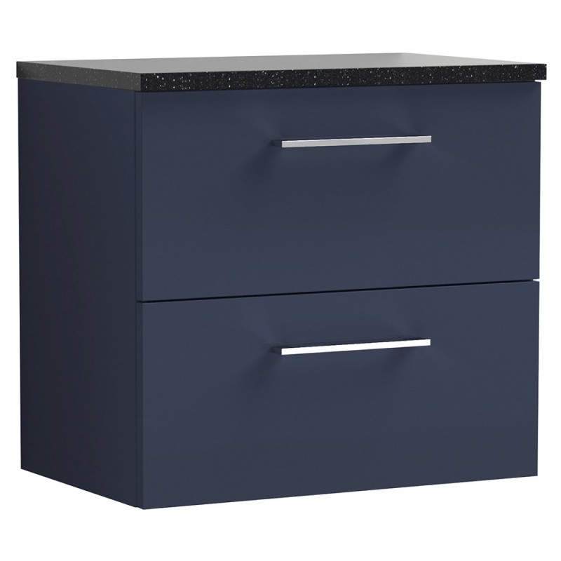 Arno 600mm Wall Hung 2 Drawer Vanity Unit & Laminate Worktop - Midnight Blue/Sparkle Black Arno 600mm Wall Hung 2 Drawer Vanity Unit & Laminate Worktop - Midnight Blue/Sparkle Black