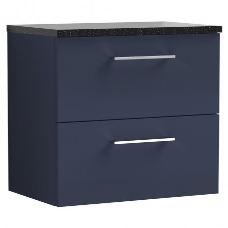 Arno 600mm Wall Hung 2 Drawer Vanity Unit & Laminate Worktop - Midnight Blue/Sparkle Black