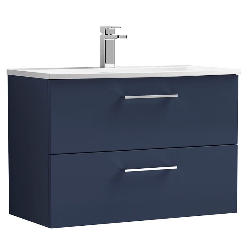 Arno 800mm Wall Hung 2 Drawer Vanity Unit & Curved Ceramic Basin - Midnight Blue Arno 800mm Wall Hung 2 Drawer Vanity Unit & Curved Ceramic Basin - Midnight Blue