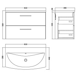 Arno 800mm Wall Hung 2 Drawer Vanity Unit & Curved Ceramic Basin - Midnight Blue - Technical Drawing