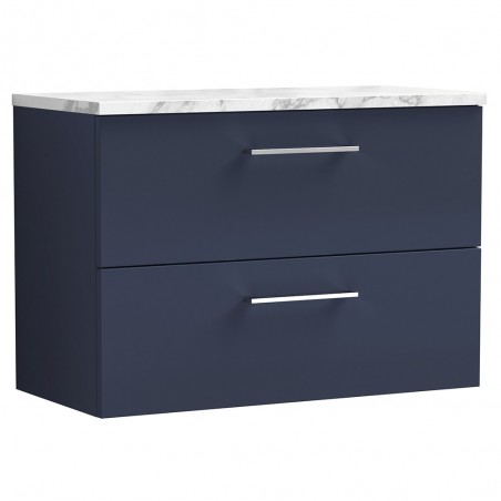 Arno 800mm Wall Hung 2 Drawer Vanity Unit & Laminate Worktop - Midnight Blue/Carrera Marble