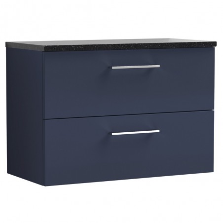 Arno 800mm Wall Hung 2 Drawer Vanity Unit & Laminate Worktop - Midnight Blue/Sparkle Black