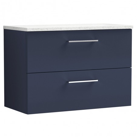 Arno 800mm Wall Hung 2 Drawer Vanity Unit & Laminate Worktop - Midnight Blue/Sparkle White