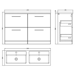 Arno 1200mm Freestanding 4 Drawer Vanity Unit & Double Basin - Midnight Blue - Technical Drawing