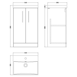 Arno 500mm Freestanding 2 Door Vanity Unit & Thin-Edge Ceramic Basin - Bleached Oak - Technical Drawing