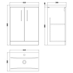 Arno 600mm Freestanding 2 Door Vanity Unit & Mid-Edge Ceramic Basin - Bleached Oak - Technical Drawing