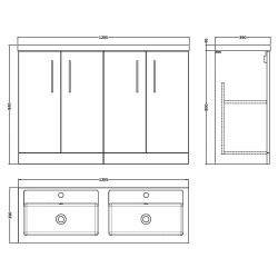 Arno 1200mm Freestanding 4 Door Vanity Unit & Double Basin - Bleached Oak - Technical Drawing