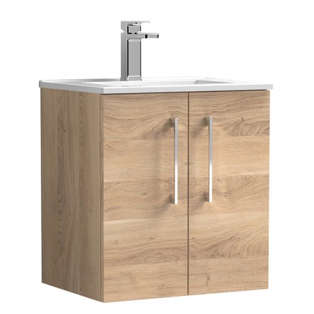 Arno 500mm Wall Hung 2 Door Vanity Unit & Minimalist Ceramic Basin - Bleached Oak