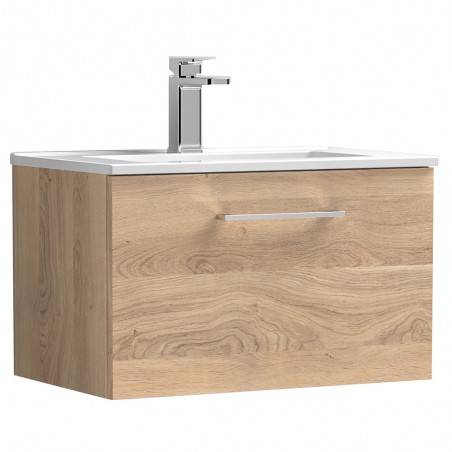 Arno 600mm Wall Hung Single Drawer Vanity Unit & Minimalist Ceramic Basin - Bleached Oak