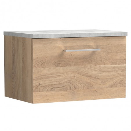 Arno 600mm Wall Hung Single Drawer Vanity Unit & Laminate Worktop - Bleached Oak/Bellato Grey