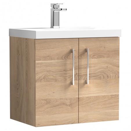 Arno 600mm Wall Hung 2 Door Vanity Unit & Mid-Edge Ceramic Basin - Bleached Oak