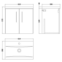 Arno 600mm Wall Hung 2 Door Vanity Unit & Mid-Edge Ceramic Basin - Bleached Oak - Technical Drawing