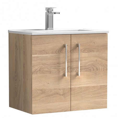 Arno 600mm Wall Hung 2 Door Vanity Unit & Minimalist Ceramic Basin - Bleached Oak