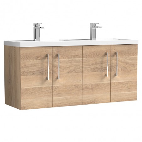 Arno 1200mm Wall Hung 4 Door Vanity Unit & Double Polymarble Basin - Bleached Oak