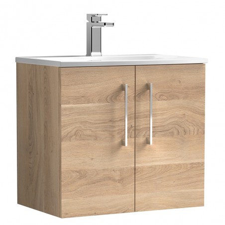 Arno 600mm Wall Hung 2 Door Vanity Unit & Curved Ceramic Basin - Bleached Oak