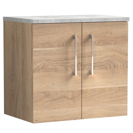 Arno 600mm Wall Hung 2 Door Vanity Unit & Laminate Worktop - Bleached Oak/Bellato Grey